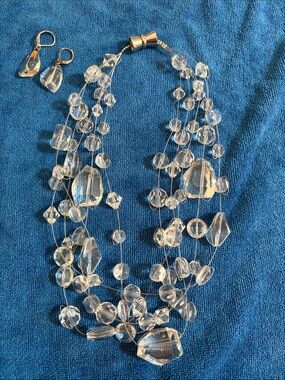 Clear Five Strand Crystal Bead Necklace and Earrings Set